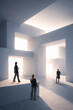 © Lustre Art Group  - Minimalist poster people exploring geometric architectural interior. Concept of modern architecture, creative collaboration, abstract spaces, innovation mindset and contemporary branding visuals.