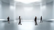 © Lustre Art Group  - Minimalist poster people exploring vast white interior with quiet curiosity. Concept of modern architecture, real estate launch, collaboration, innovation mindset, clean corporate visual storytelling.