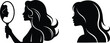 © Zeenat - Woman beauty silhouette set featuring a side profile with long wavy hair and another version holding a handheld mirror to view her own reflection in a minimalist black style