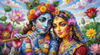 © Deepa - Vibrant and Colorful Portrait Painting of Divine Couple Radha and Krishna with Floral Adornments