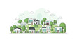 © solikhin - Modern eco-friendly village with minimalist houses and lush green trees, flat illustration.