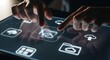 © Online - Fingers interact with glowing holographic cloud storage icons displayed on a dark digital interface for data management.