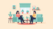 © joko - Two women in casual attire sit on teal couches, working on laptops