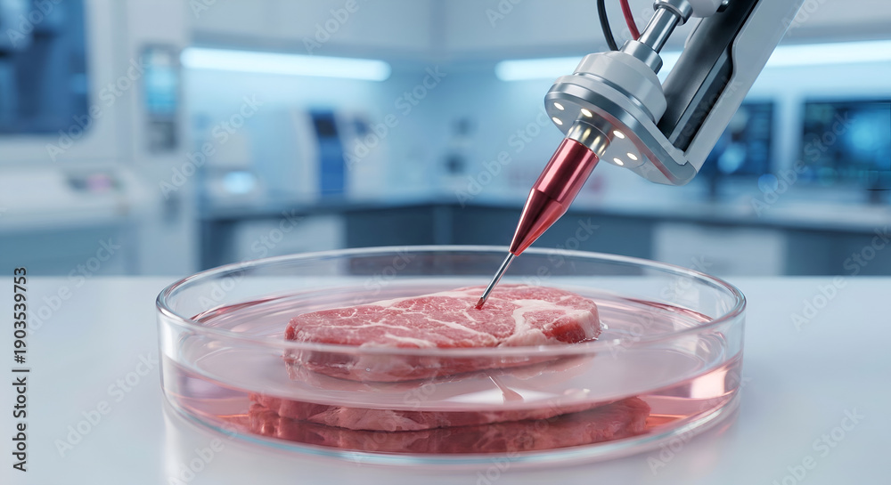 Meat Lab Machines Robotic arm 3D printing a lab-grown meat steak in a petri dish in a ...