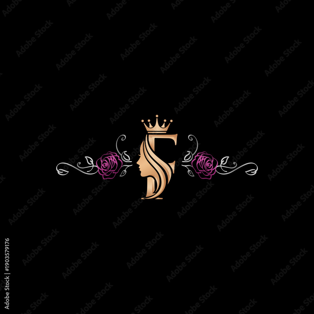Elegant F letter logo with a womans profile, crown, and roses.