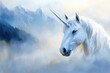 © dashtik - Majestic white unicorn in misty mountain landscape