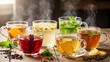 © Ami - Various steaming cups of invigorating herbal teas including hibiscus ginger chamomile and mint for healthy refreshing beverage