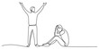 © Pabon Art Gallery - A single line drawing showing a standing man celebrating while another man sits in despair. Vector, illustration