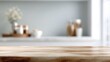 © nanskyblack - wood table top with blurred kitchen counter background, selective focus, mockup scene