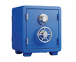 © Speec - Blue safe with a silver combination lock and wheel handle on the front, giving a secure and robust appearance. The safe stands on four small legs.