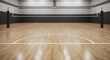 © Ali - Empty indoor volleyball court, polished wooden floor, net stretched across, minimal clean conceptual sports
