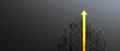 © Vlad Chorniy - Leadership and growth concept, yellow leader arrow leading black arrows, on black background with empty copy space on left side. 3D Rendering