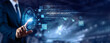 © AD - Businessman touching Information Security and networking. Data protection, network defense, cyber risk management, secure system, digital safety, technology protection concept.