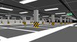 © David - Empty underground parking garage with concrete pillars, marked spaces, and fluorescent lighting, showing a clean urban infrastructure interior with a green exit sign