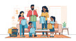 © David - Smiling multiethnic family with three kids folding clean clothes together in a modern living room, representing teamwork, chores, and domestic life in a flat vector illustration