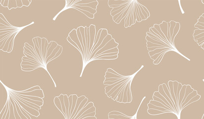 Naklejka na meble seamless pattern of hand draw illustrations floral outline golden ginkgo biloba leaves on pink background. for wall decoration, postcard or brochure cover design