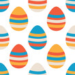 © boyusya - Seamless pattern with colourful striped Easter eggs on white background. Simple flat vector design perfect for Easter wrapping paper, fabric, stationery, packaging, spring decorations and childrens pr