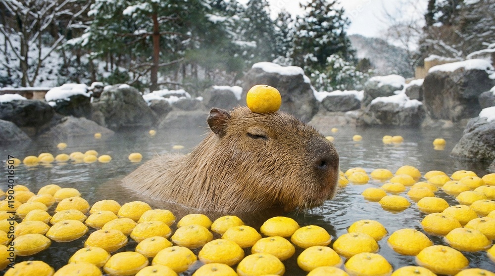 Capybara in Yuzu Hot Spring(柚子湯に浸かるカピバラ) Stock Photo