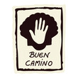© Limolida Studio - Hand drawn pilgrim icon set of camino symbols with church and backpacker walker, scallop shell buen camino sign and camino sanctuary. Black white icon for european sacred trail route passport stamp.