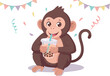 © ScottR - Cute Monkey Sipping Bubble Tea With Party Bunting and Confetti
