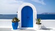 © gilang - Vibrant Blue Doorway Archway Overlooking Aegean Sea in Santorini Greece.