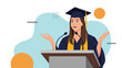 © SMSharif - Happy female graduate in cap and gown speaking at a podium with microphones during a university graduation ceremony or speech event.