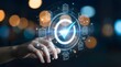 © ATFStock - A person's hand interacting with a glowing blue checkmark icon surrounded by various digital symbols and icons in a futuristic interface with a blurred cityscape background at night.