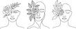 © Masud - Women's faces in one line art style with flowers and leaves.Continuous line art in elegant style for prints, tattoos, posters, textile, cards etc. Beautiful women face Vector illustration