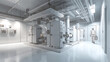 © Hedgehog & Piglet сo - Modern industrial facility interior white tech room technician walking engineering manufacturing blueprint style