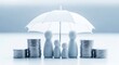 © Barca - Family figurines under an umbrella with stacks of coins, concept of family insurance and financial protection