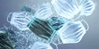 © AnaKonda.ai - 3D representation of medical masks floating with particles in background