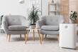 © Pixel-Shot - Interior of living room with air purifier, grey armchairs and houseplants