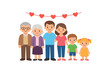© Lion - grandparents parents and kids standing row multi generation family portrait with tiny heart banner clean shapes. colored flat icon vector illustration
