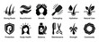 © stocker777 - Hair care icon set with twelve symbols for strong roots, nourishment, growth, detangling, hydration, and natural care, presented in a clean, minimalist black glyph style