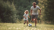 © Broccolini - A joyful father and young daughter running together on a sunny grass field while playing soccer, capturing a heartwarming moment of family bonding and an active lifestyle.