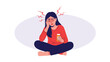 © Alom - Young woman sitting cross-legged and holding a pill bottle while suffering from a severe migraine headache or pain.