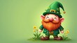 © Mystery - Cute leprechaun character smiling with orange beard, green costume and shamrock hat, flowers on grass, concept of st patrick's day children books, animation projects