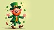 © Mystery - Joyful leprechaun jumping with arms raised, smiling character with orange beard and green hat, shamrocks floating, concept of st patrick's day animation, greeting cards