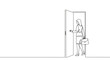 © Aura Visuals - Line drawing of a businesswoman entering a room with a bag in hand, on a transparent background