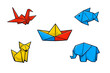 © icon_art - A collection of colorful origami figures including a red crane, blue fish, yellow fox, blue elephant, and a multicolored boat, all illustrated with hand-drawn details on a black background.