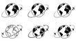 © EQBAL BASAR HABIB - Vector silhouette illustration of six globes with airplanes showing international travel, aviation networks, and global logistics concepts