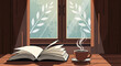 © srshuva - Open book and steaming coffee cup on wooden table near window with leaf pattern