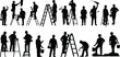 © SreeShoyagini - Construction worker silhouettes painting, ladder maintenance team builders performing renovation repair tasks isolated vector illustration set for industrial construction service advertising design