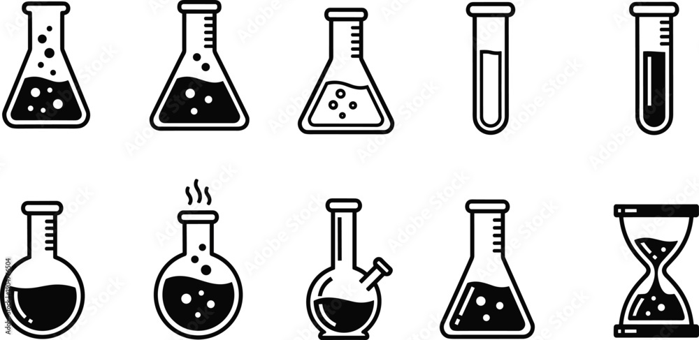 Laboratory glassware icons set, chemistry experiment flasks, scientific ...