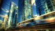 © Plaifah - Vibrant Cityscape with Modern Glass Buildings and Motion Blur of a Train in Urban Environment During Daylight