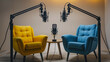 © Busayo - Modern armchairs one yellow and one blue set up for a podcast recording with professional microphones