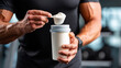 © Olha Havelia - Hands holding protein powder scoop over bottle, person preparing fitness shake for meal replacement, diet supplement with weight loss nutrition shown, home or gym environment with