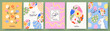 © Tanya Shulga - Happy Easter set of greeting cards, posters, holiday covers. Trendy design templates with typography, hand drawn Easter eggs and bunny, spring flowers, polka dots and stripes in pastel colors.