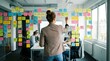 © Nida - Focused young professional woman stands with her back to the camera while writing new ideas on a clear glass wall covered with colorful sticky notes for agile planning.