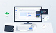 © Антон Сальников - A flat vector illustration of a modern digital workspace featuring a computer monitor with a UI design interface, a keyboard, a mouse, a graphics tablet, and a cup of coffee on a desk.
